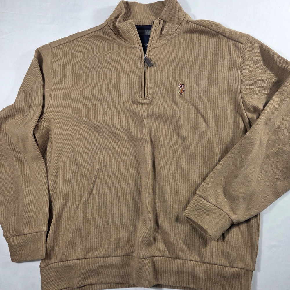 US Polo Assn Mens XL Quarter Zip Pullover Tan Brown Ribbed Cotton Blend Sweater - Picture 1 of 7